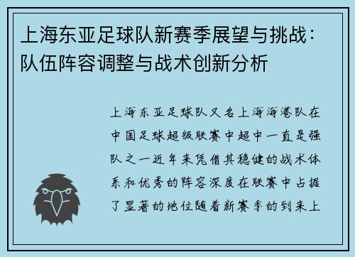 上海东亚足球队新赛季展望与挑战：队伍阵容调整与战术创新分析